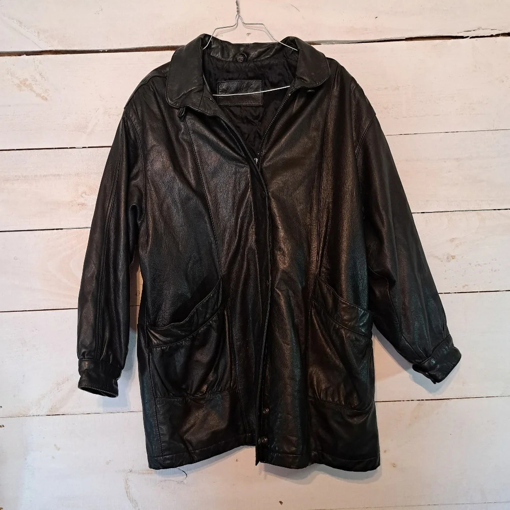 Jaqueline Ferrar Leather Jacket Coat Black Size Large Mid Length